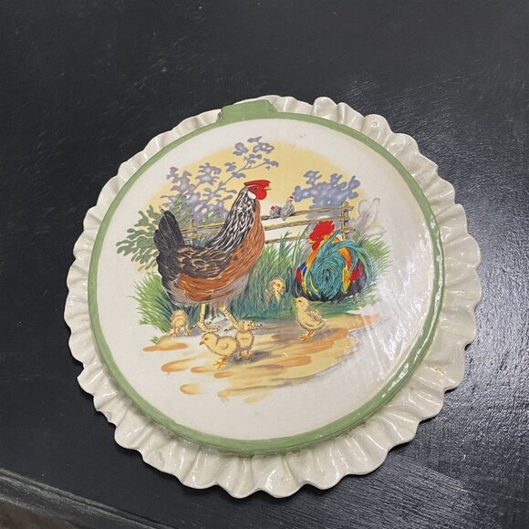 Ceramic Wall Plaque Embroidery Hoop Design Roosters Farmhouse Barnyard Decor - Picture 1 of 8